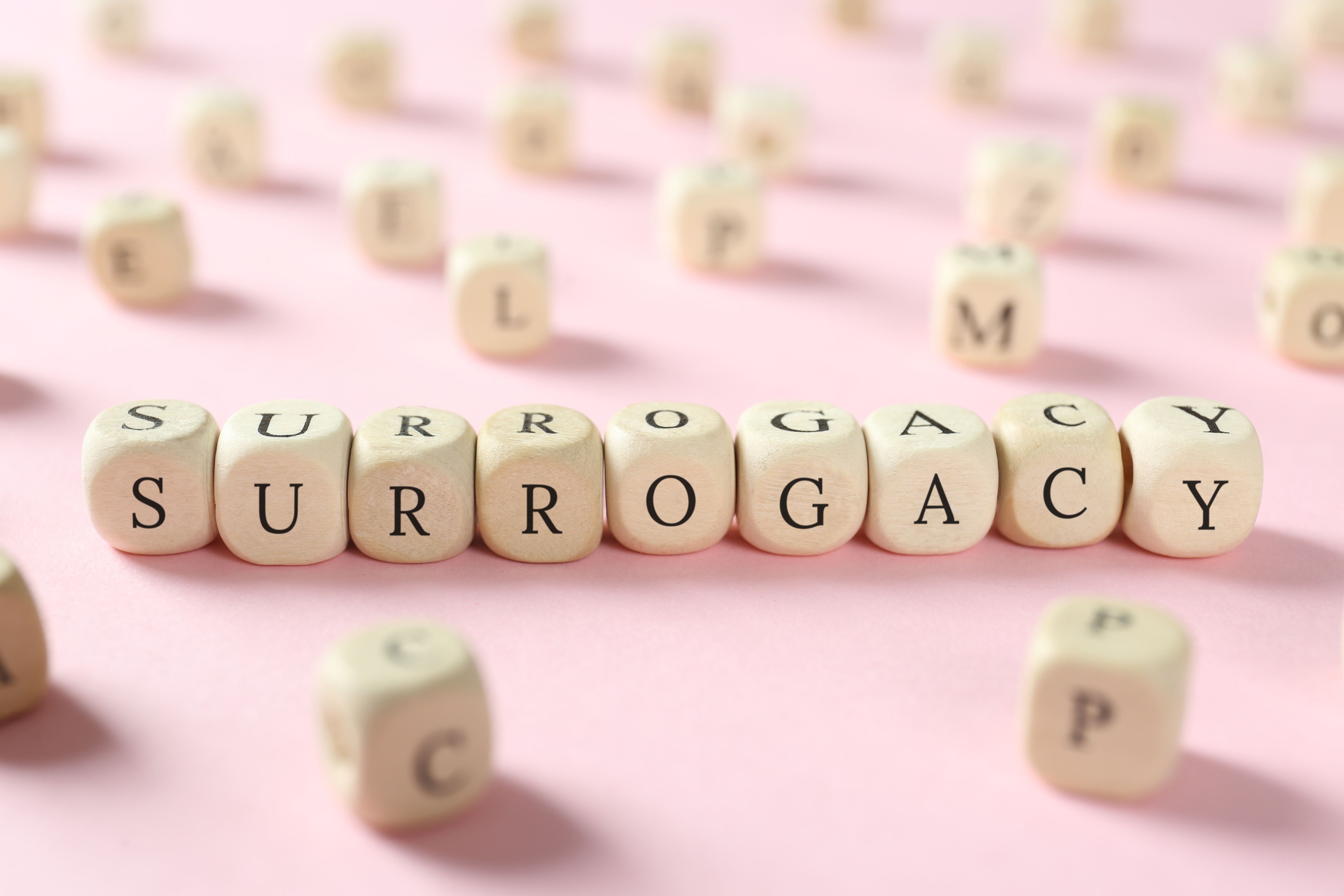 Surrogacy spelled out in wooden letter blocks
