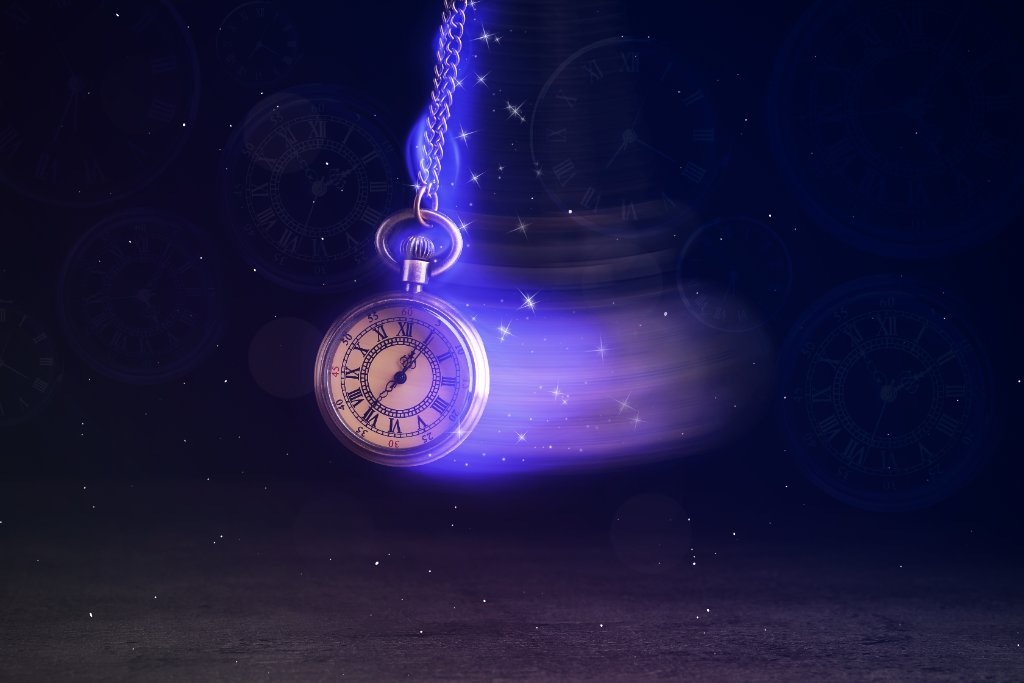Antique pocket watch swinging with a trail of light against dreamy clock faces