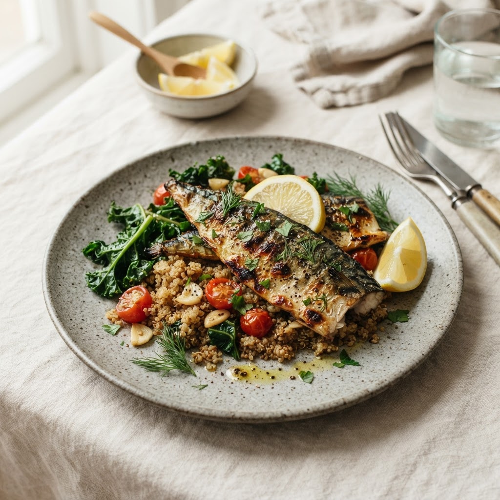 Grilled mackerel with quinoa & kale