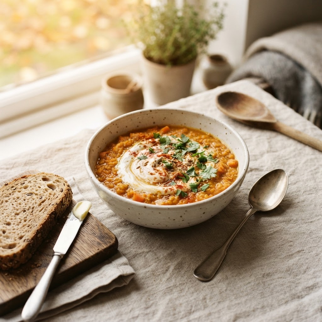 Spiced red lentil & carrot soup