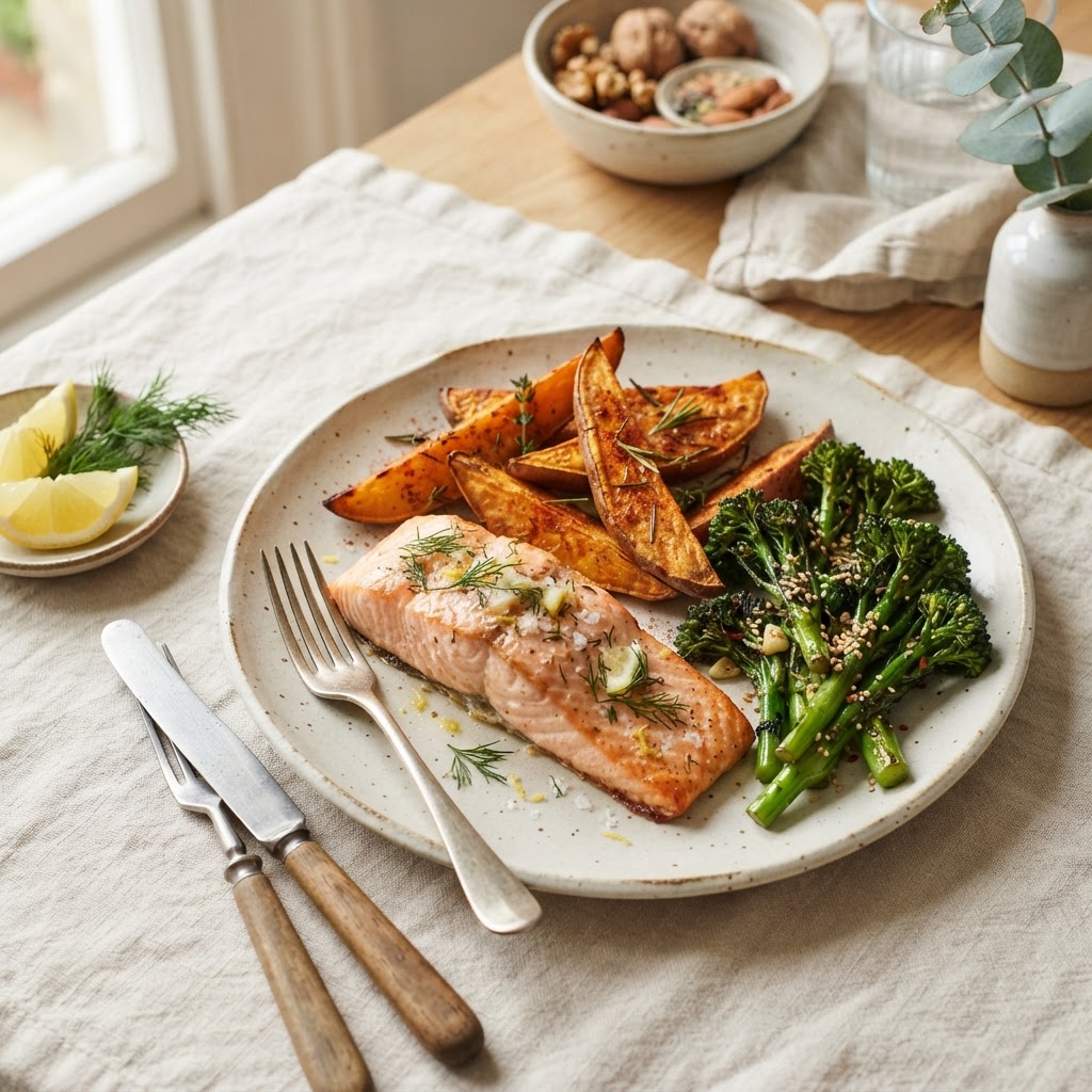 Baked salmon, sweet potato & greens