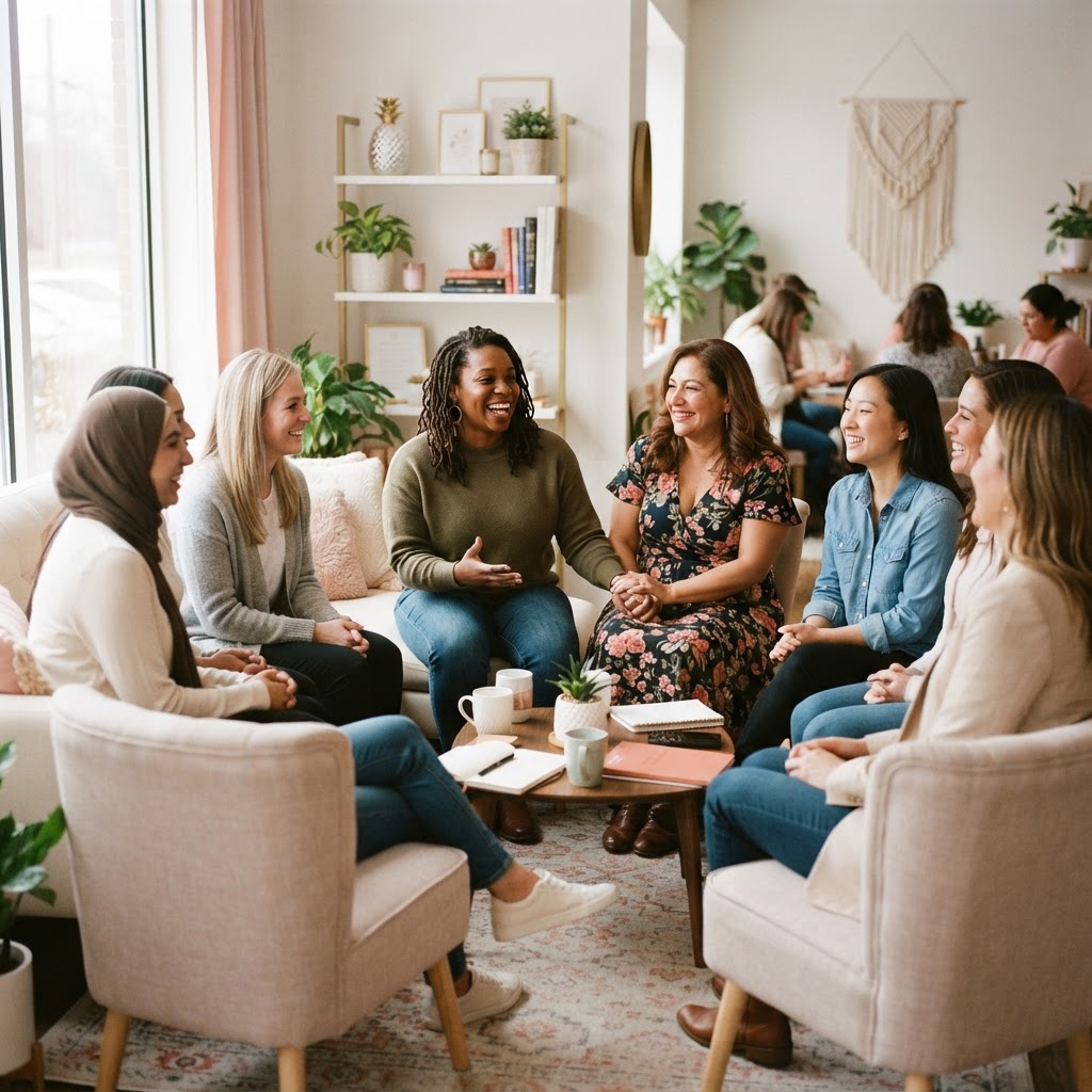 Diverse women in a warm supportive Pineapple community circle