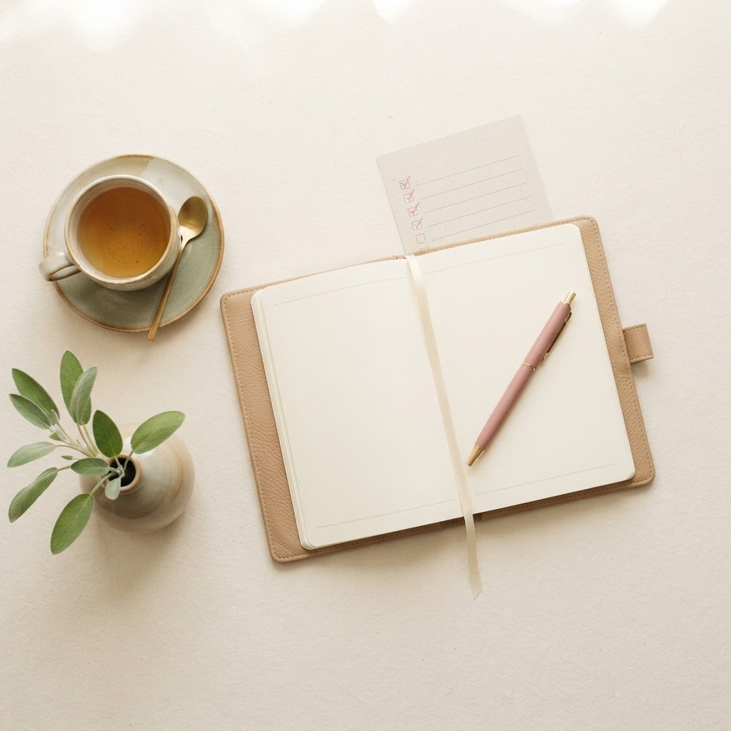 A calm, warm flat-lay with a notebook, pen and eucalyptus — evoking preparation for a fertility journey
