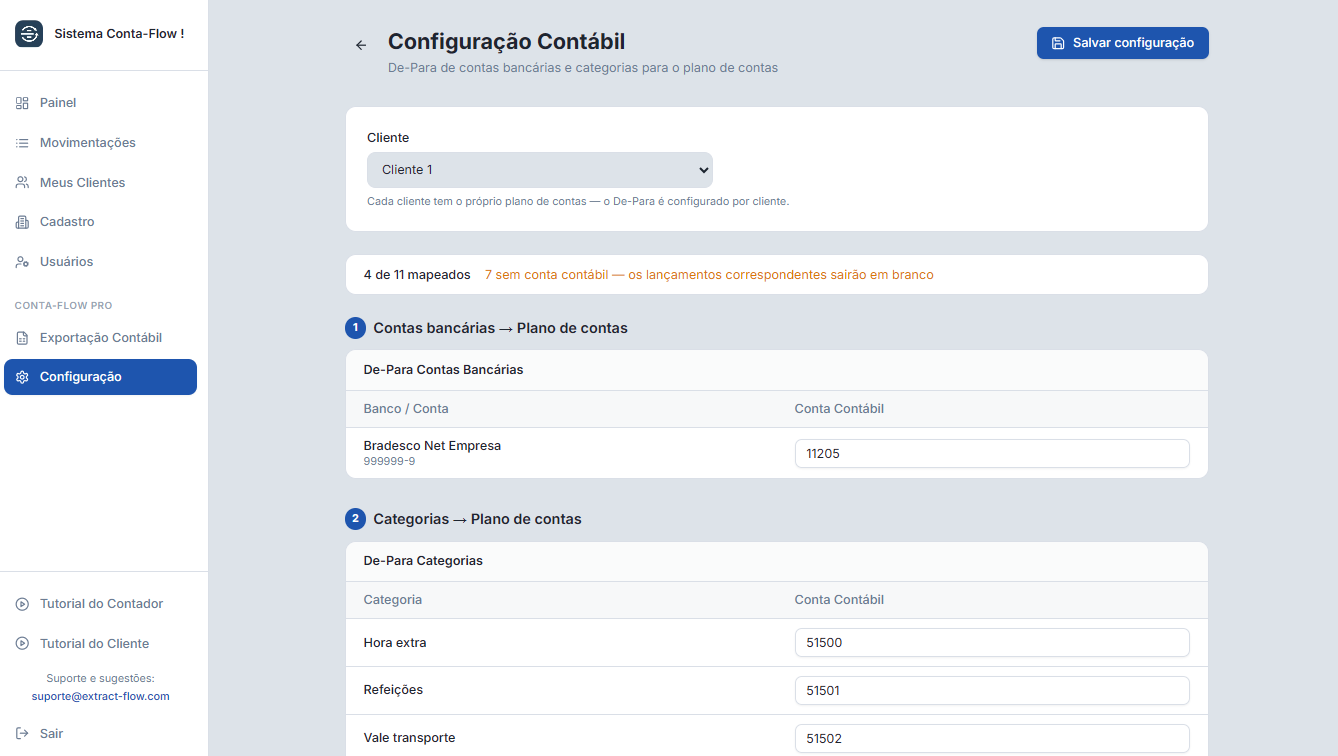 Configuração contábil, o De-Para por cliente