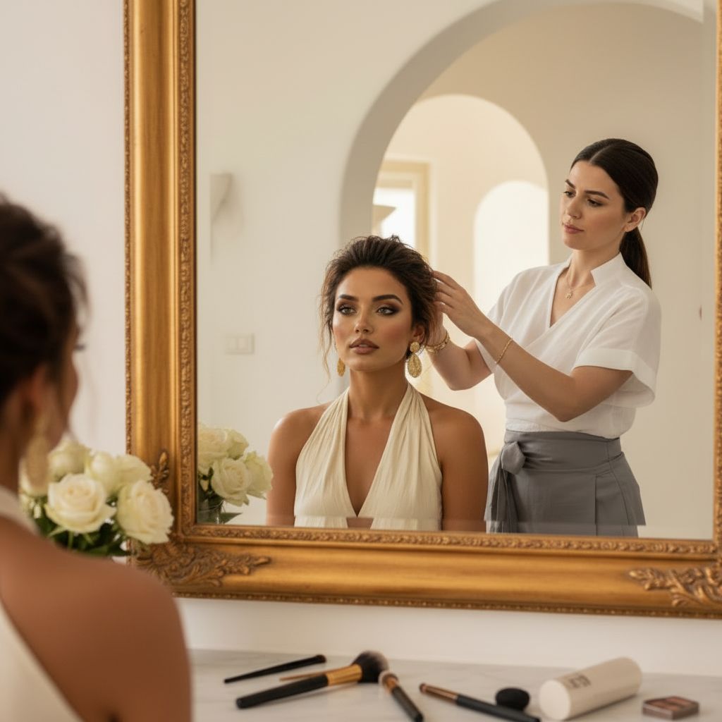 Hair stylist standing behind client, gently cradling her brunette updo, both reflected in ornate gold mirror, Mykonos villa setting