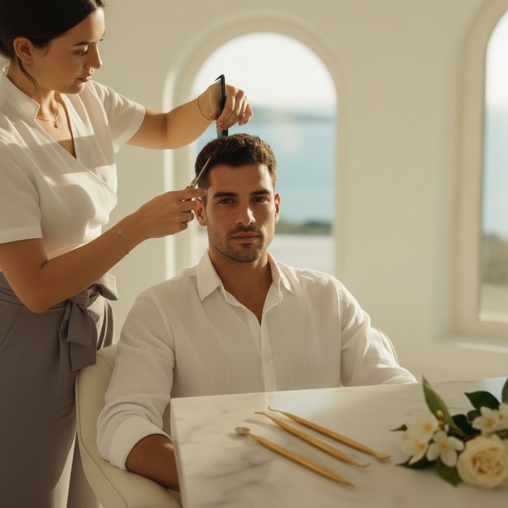 Men's Signature Haircut — precision haircut tailored to features in private hotel suite, Greece