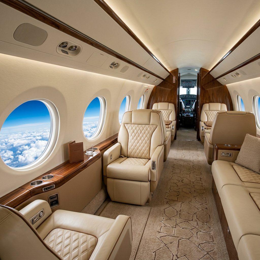 Luxury private jet cabin interior with earth's curvature visible through window