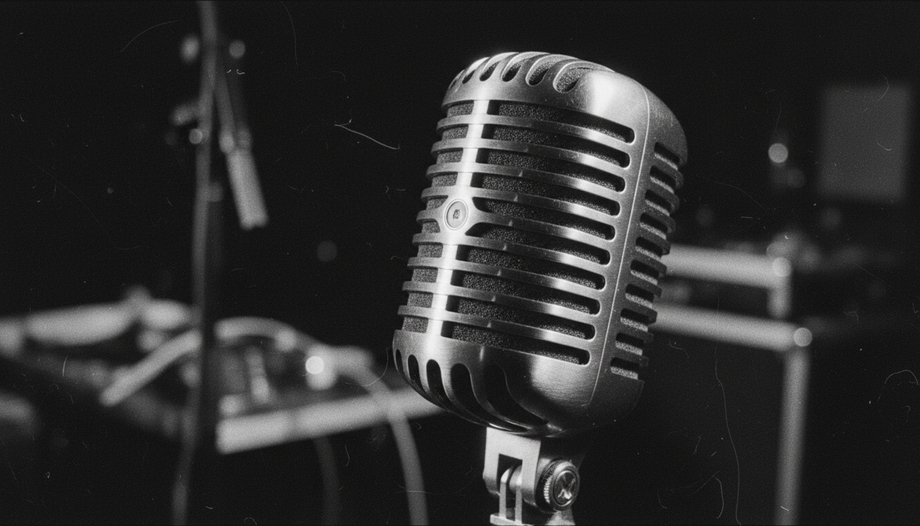 Microphone close-up in dramatic black and white