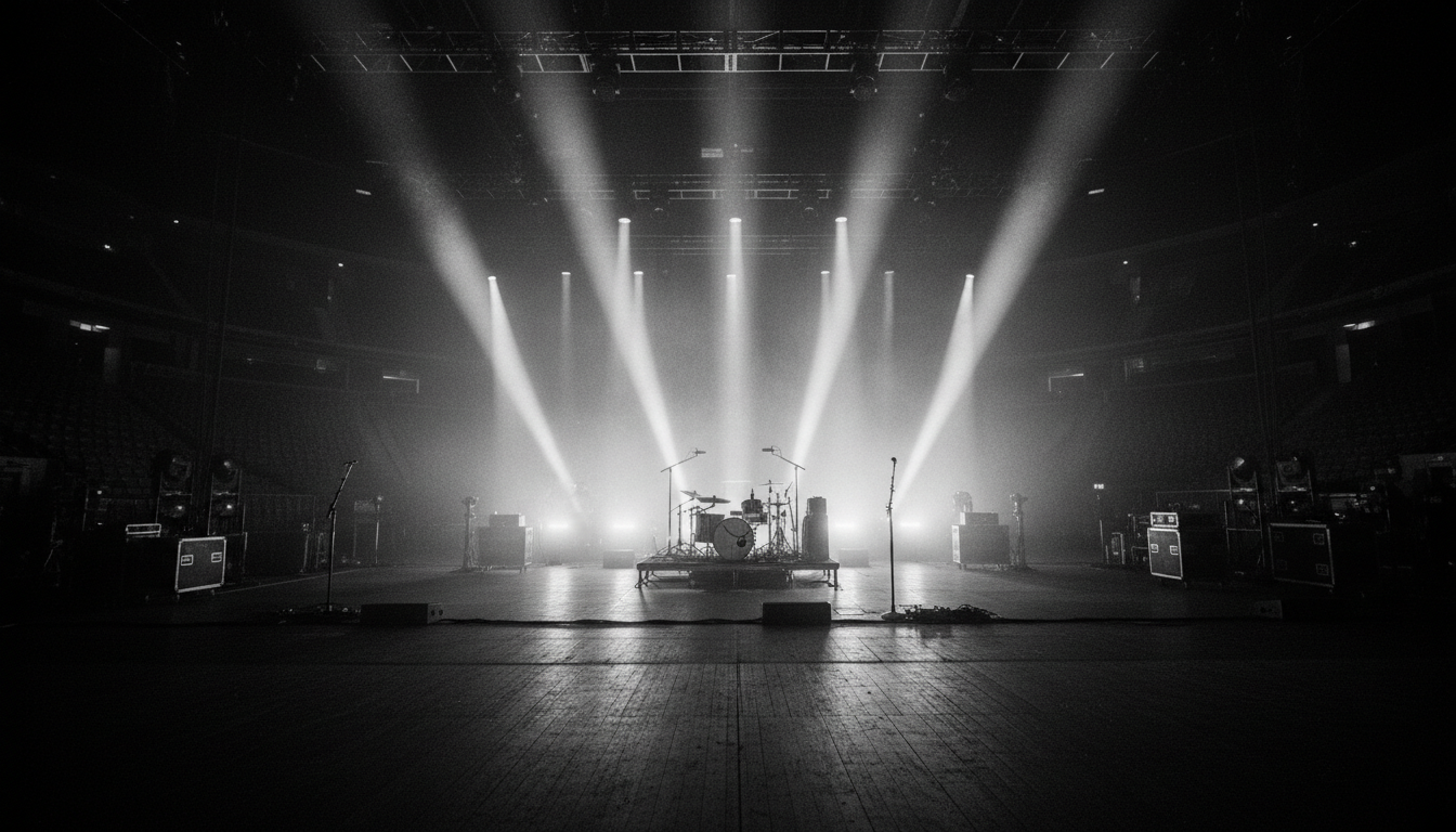 Empty concert venue stage with dramatic spotlights