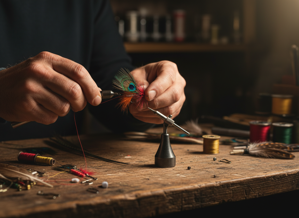Hands tying an intricate fly fishing lure
