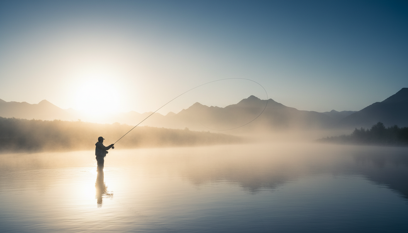 Fly fishing at dawn on a misty river