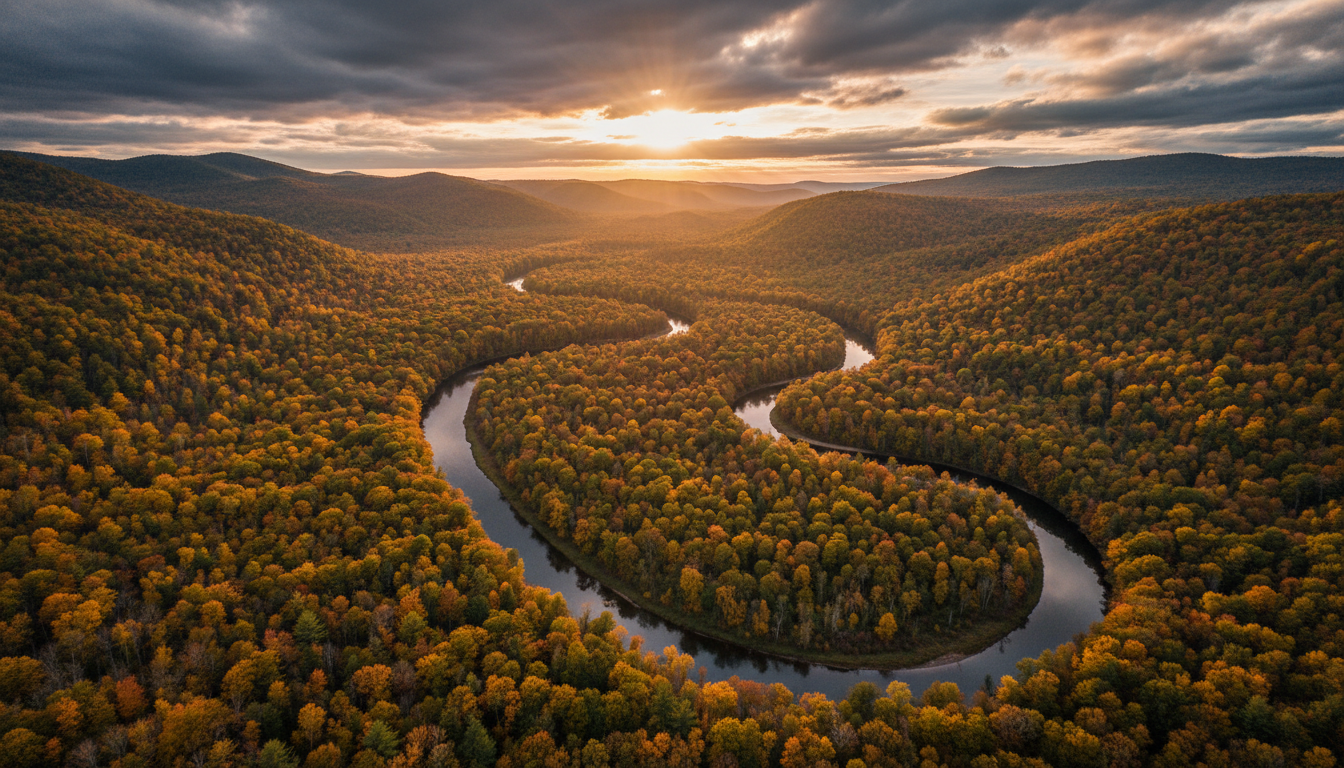 Winding river through lush green valley