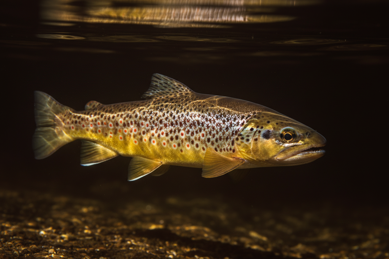 Wild brown trout with iridescent scales in crystal clear water