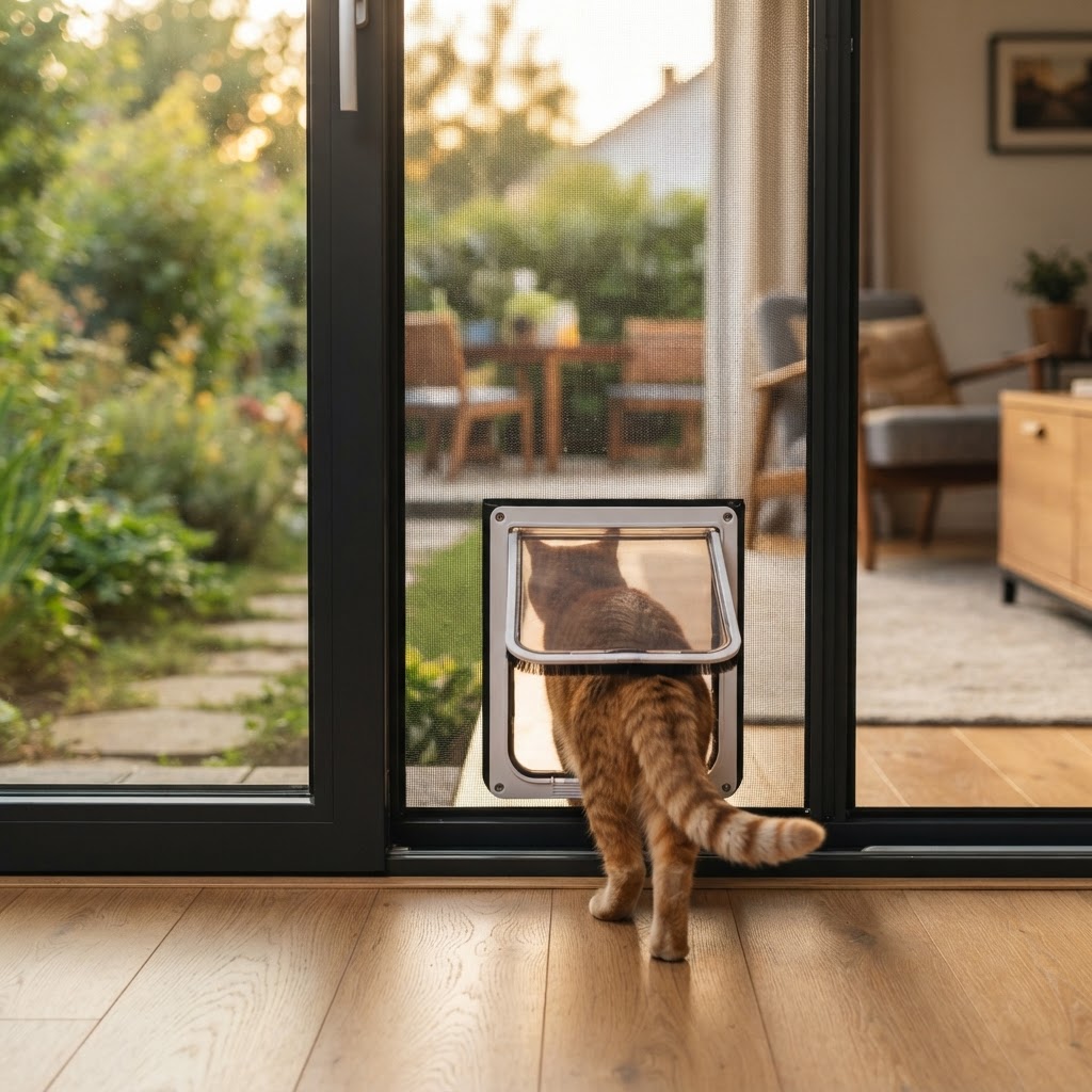 Insektenschutz mit Katzenklappe: Maßgefertigt & lokal (KI-generiertes Bild)