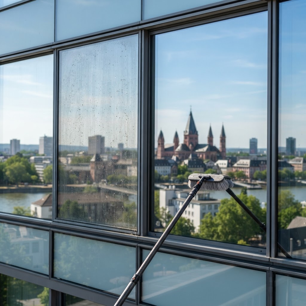 Fensterreinigung Mainz & Wiesbaden: Profi für Glas & PV (KI-generiertes Bild)