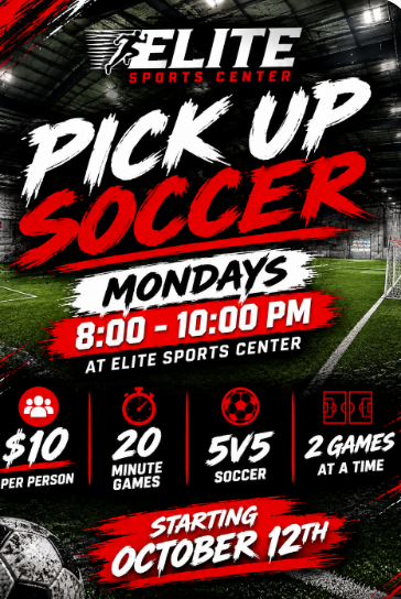 Pick Up Soccer at Elite Sports Center — Mondays 8:00-10:00 PM starting October 12th