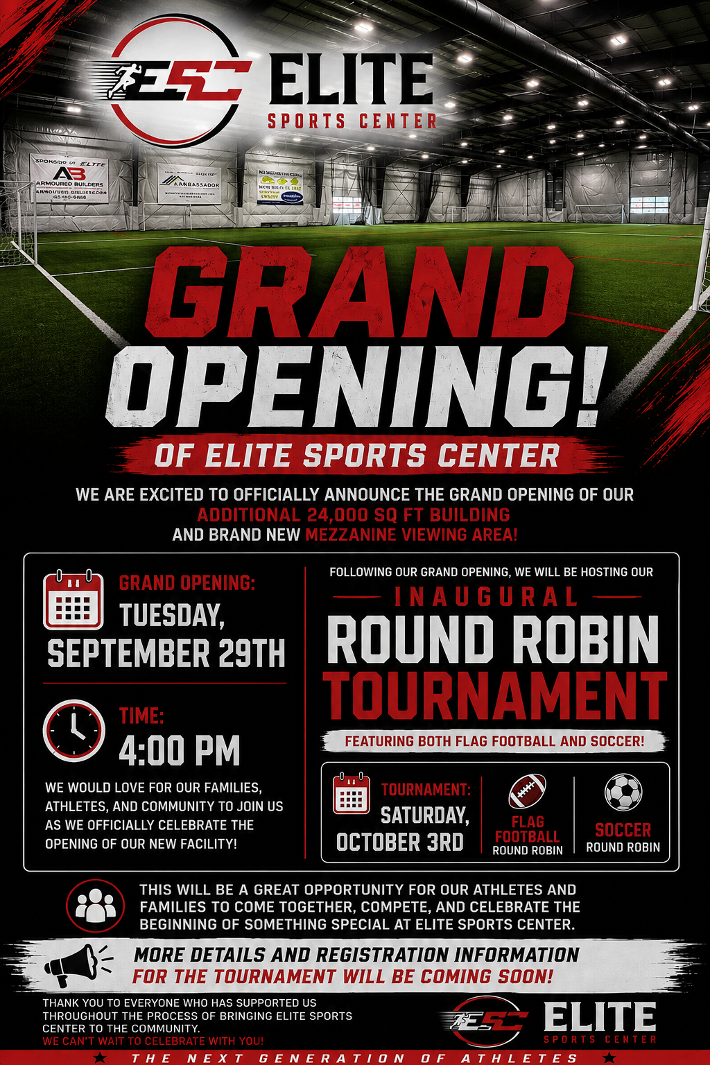 Elite Sports Center Grand Opening — Tuesday, September 29th at 4:00 PM, followed by the Inaugural Round Robin Tournament on Saturday, October 3rd