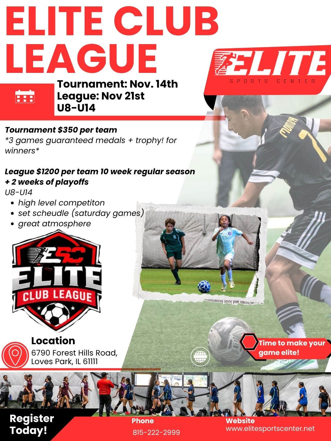 Elite Club League flyer — Tournament November 14th, League starts November 21st, U8 to U14
