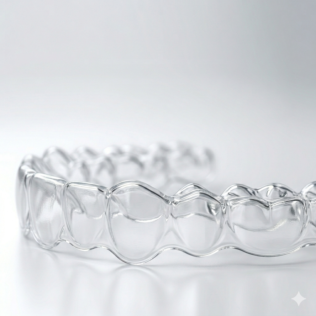 Close-up of clear aligner showing premium material quality