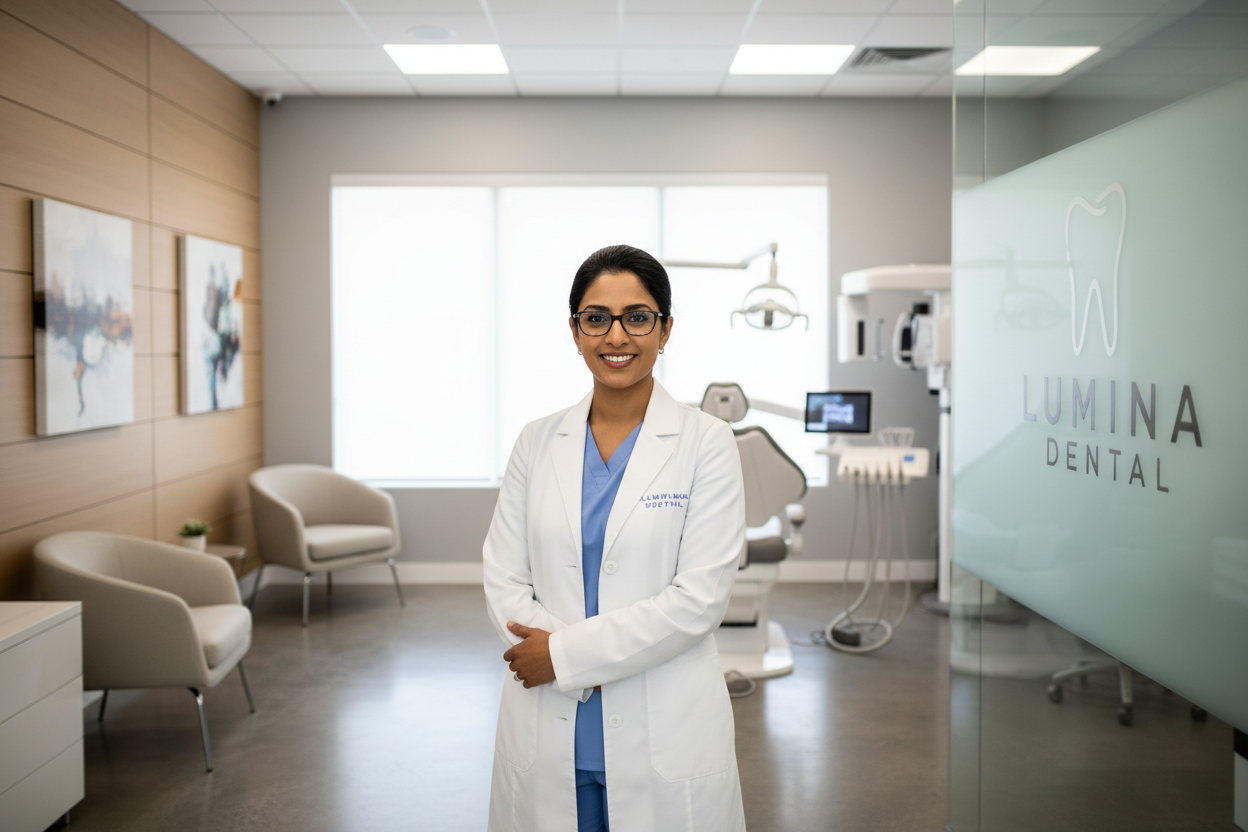 Modern dental practice with confident dentist