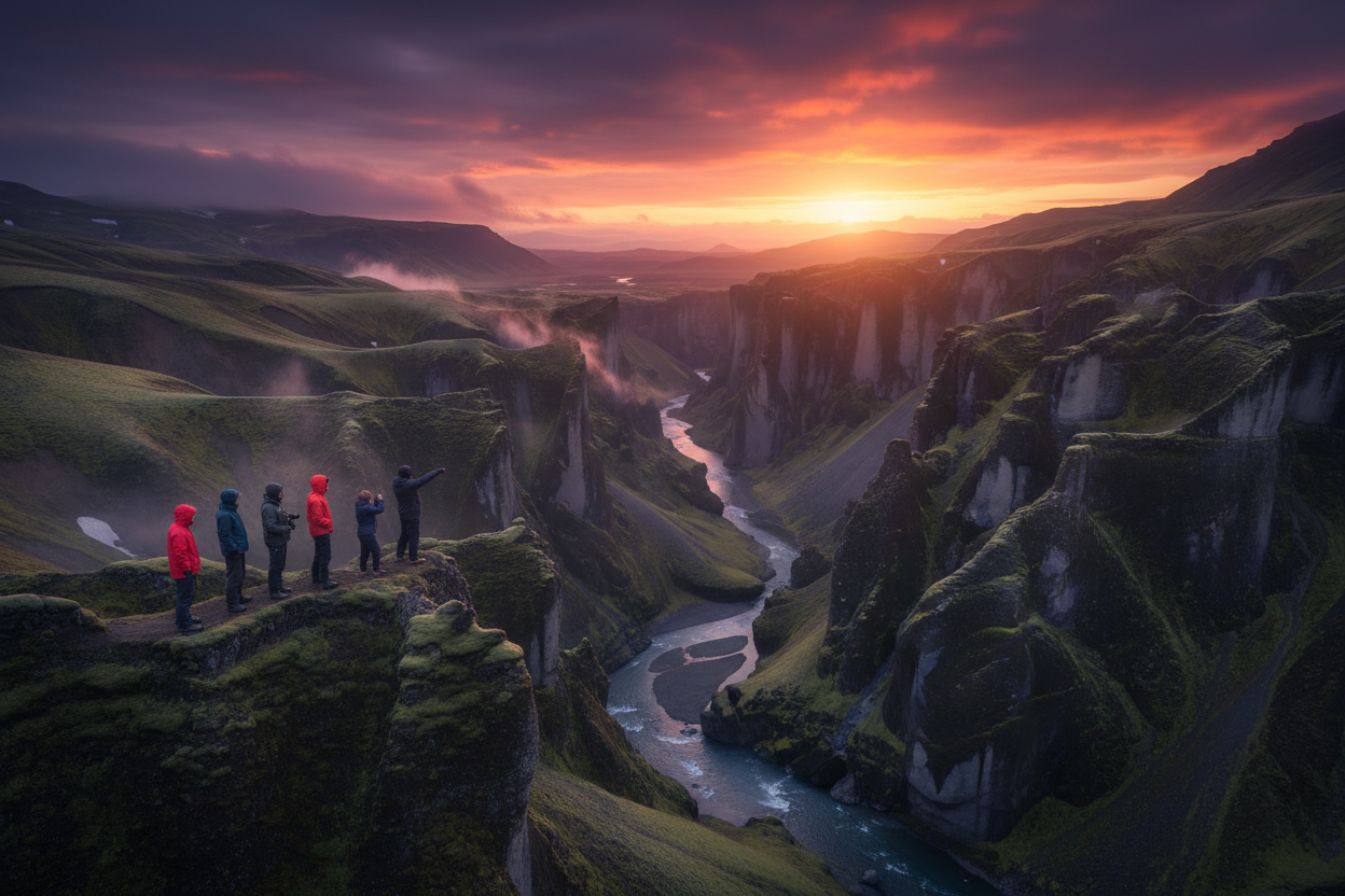 Gruppo di viaggiatori in un canyon islandese