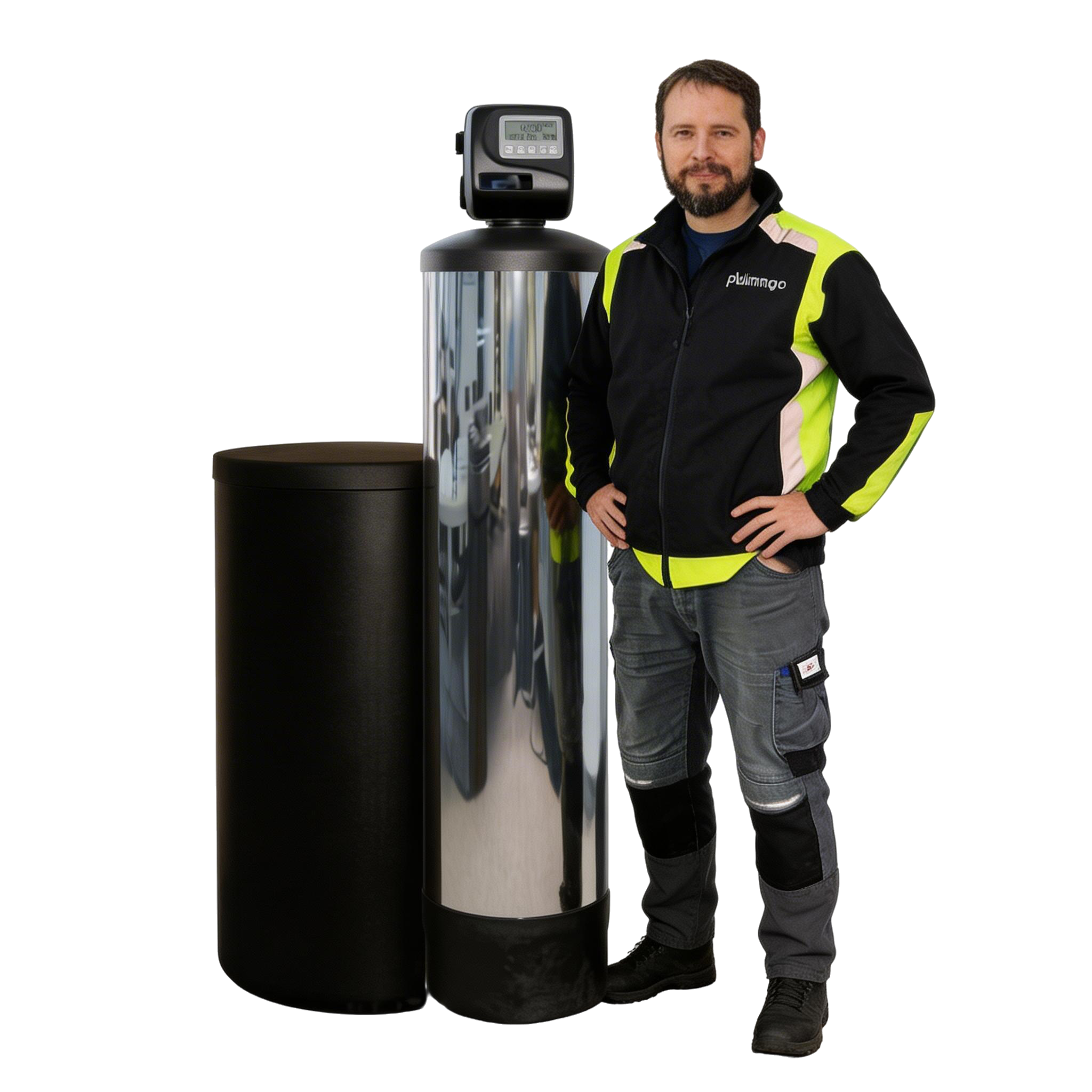 Plumingo water treatment technician beside an Excalibur water softener in Kitchener-Waterloo