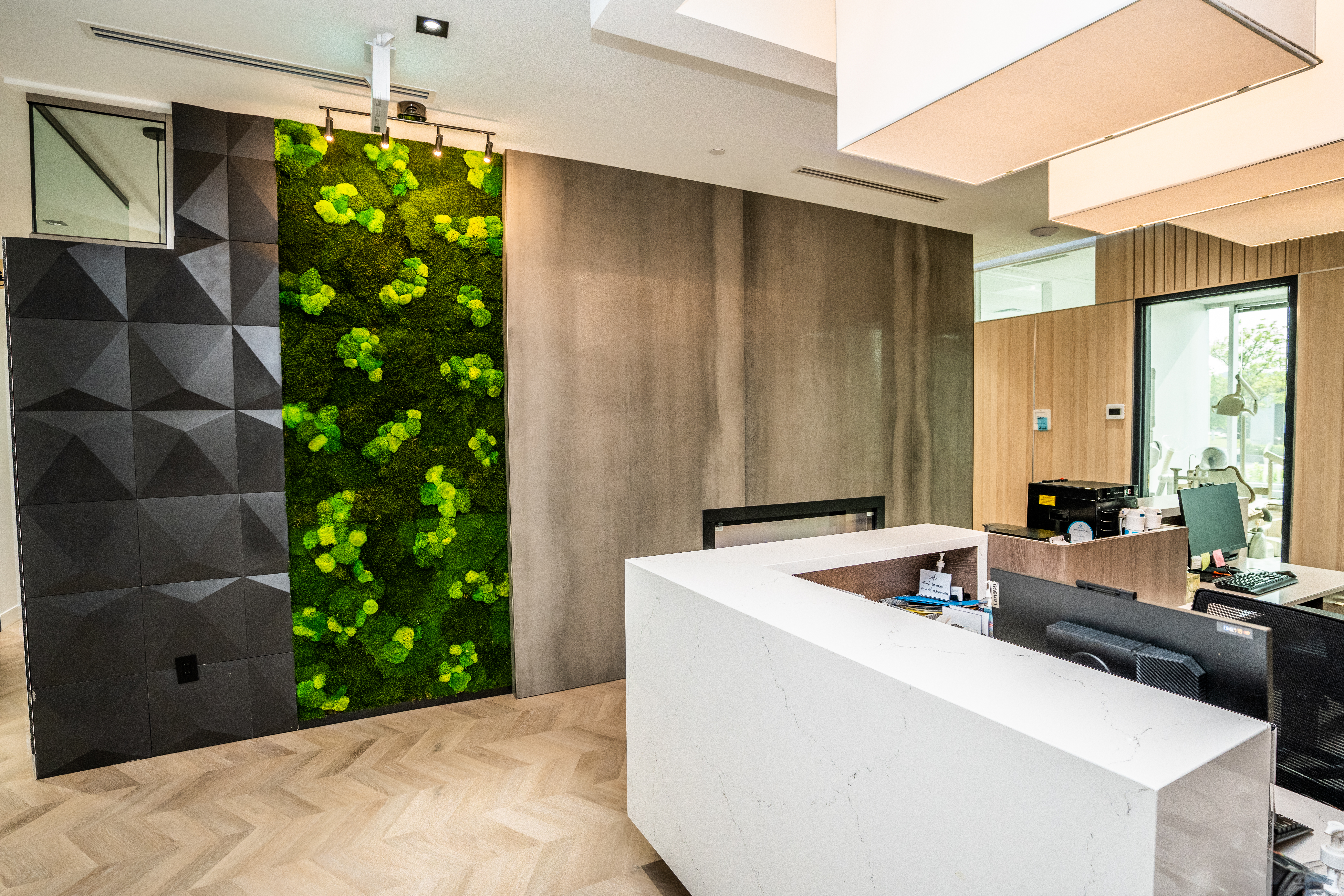 DS Dental reception area with moss feature wall and fireplace