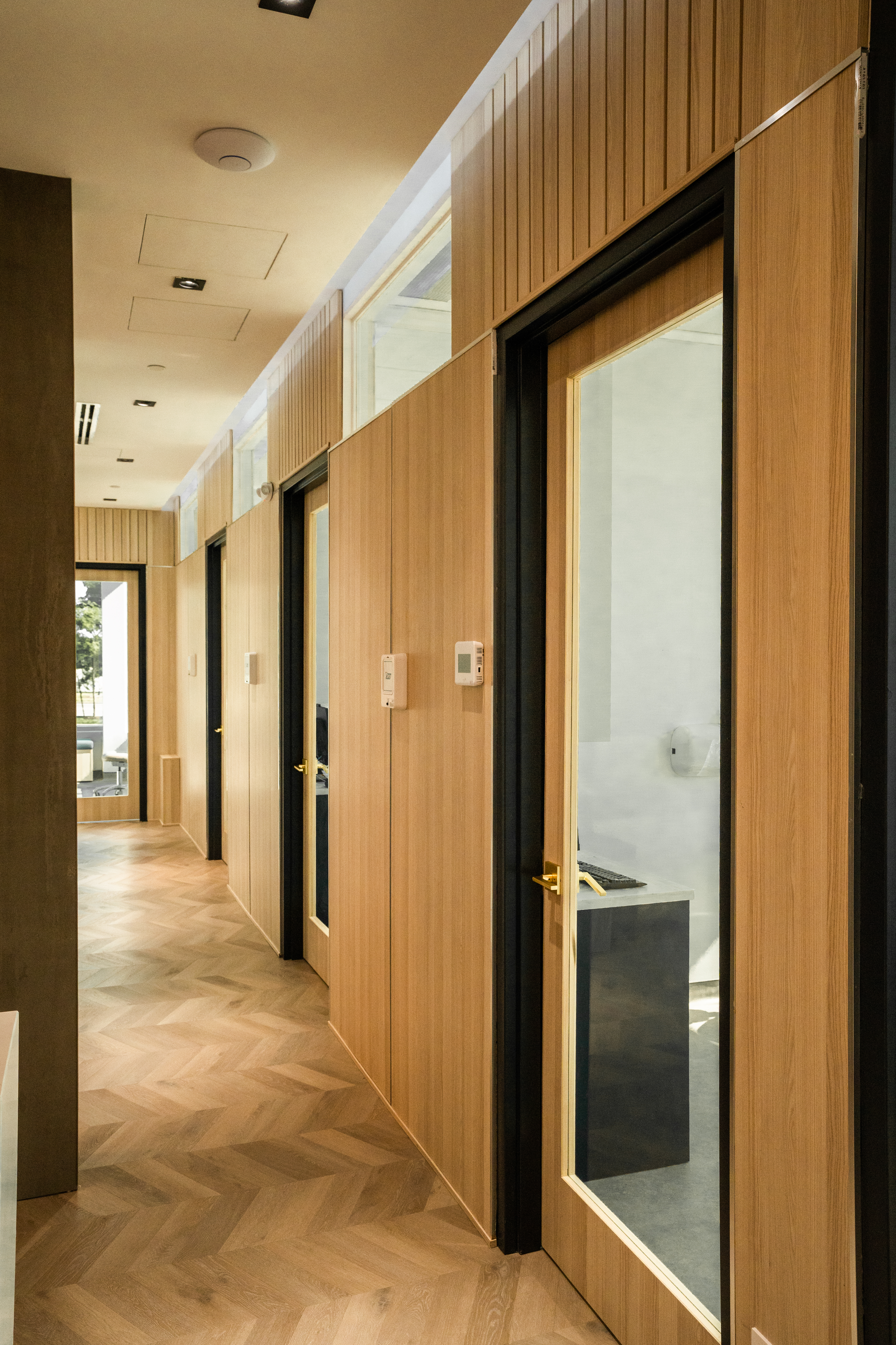 DS Dental hallway with wood slat walls and glass doors