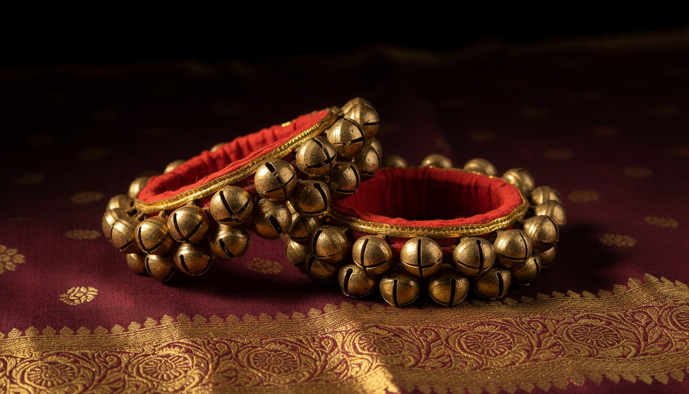 Traditional Bharathanatyam ghungroo ankle bells on silk fabric