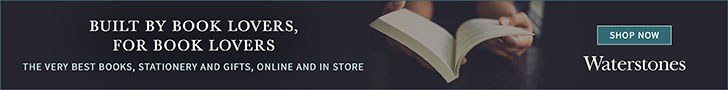 Waterstones banner inviting visitors to shop books, stationery and gifts online and in store