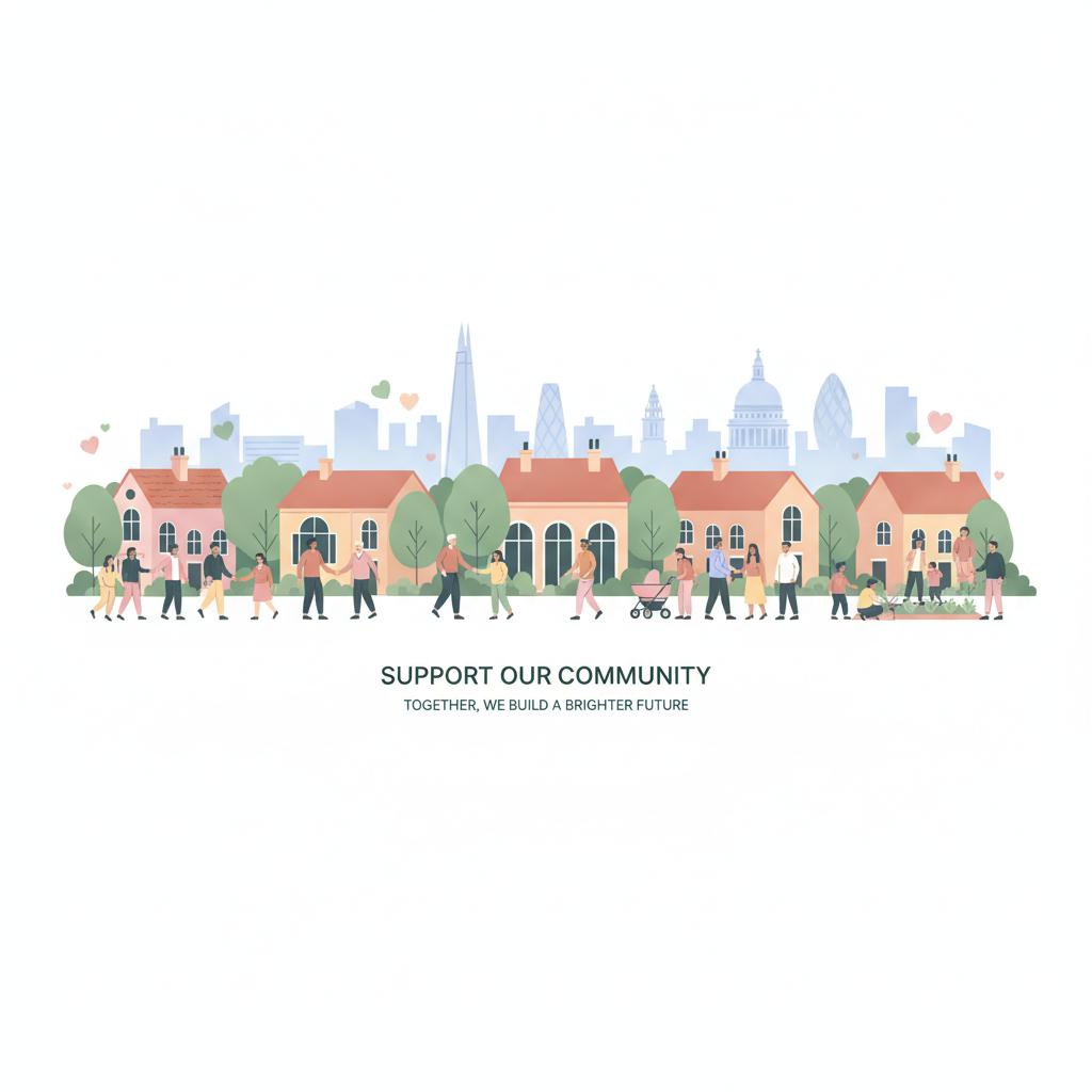 Illustration of homes, community spaces, trees and people connected by support