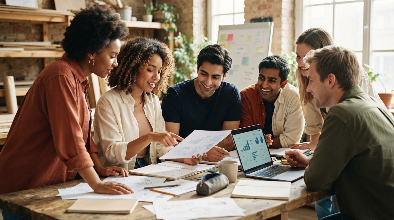 Pessoas colaborando em um ambiente de aprendizagem