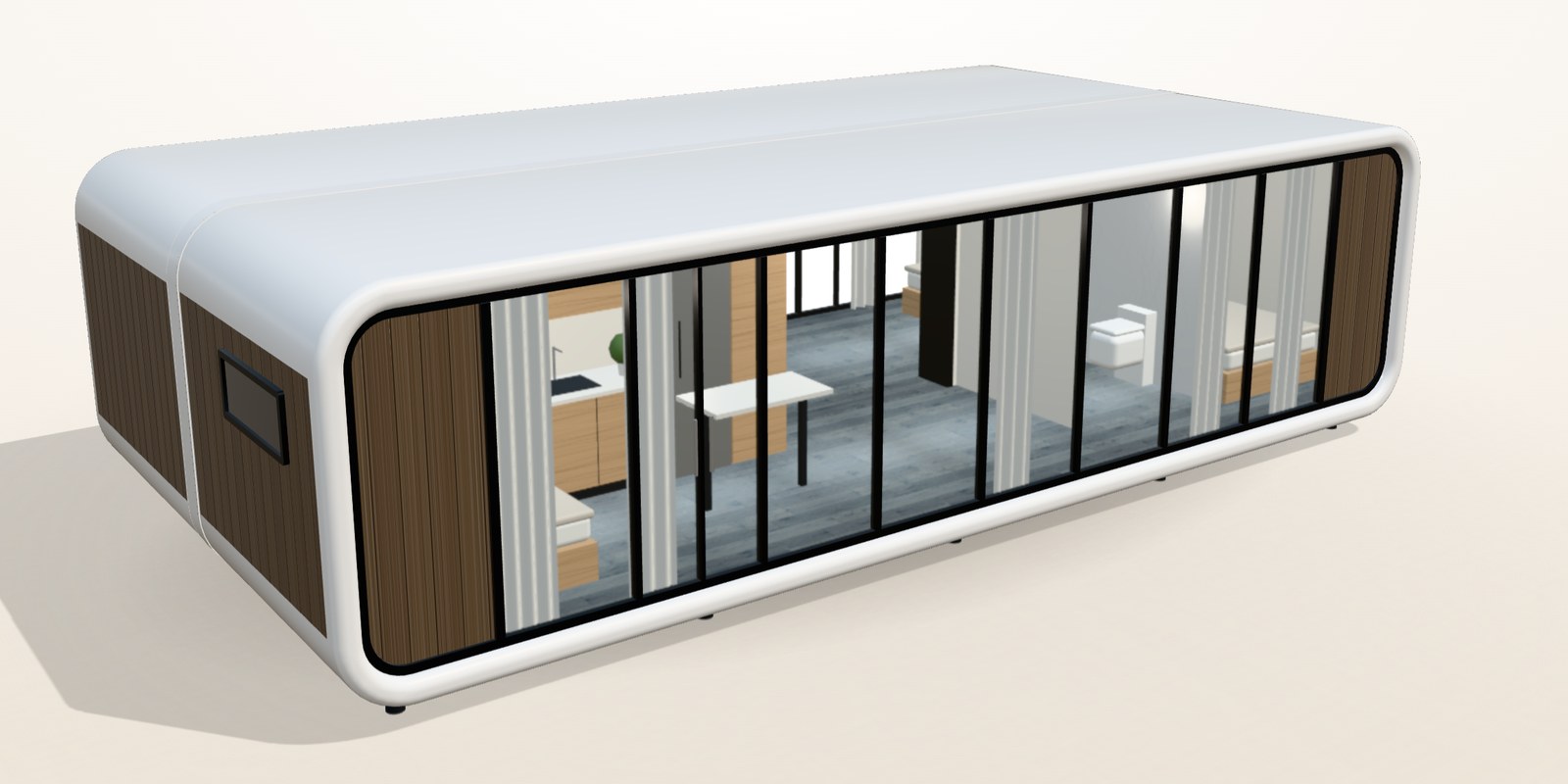 3D-Darstellung von zwei Apple Cabins mit je 32 m², nebeneinander aufgestellt: gemeinsames Dach, Glasfassade und Holzverkleidung