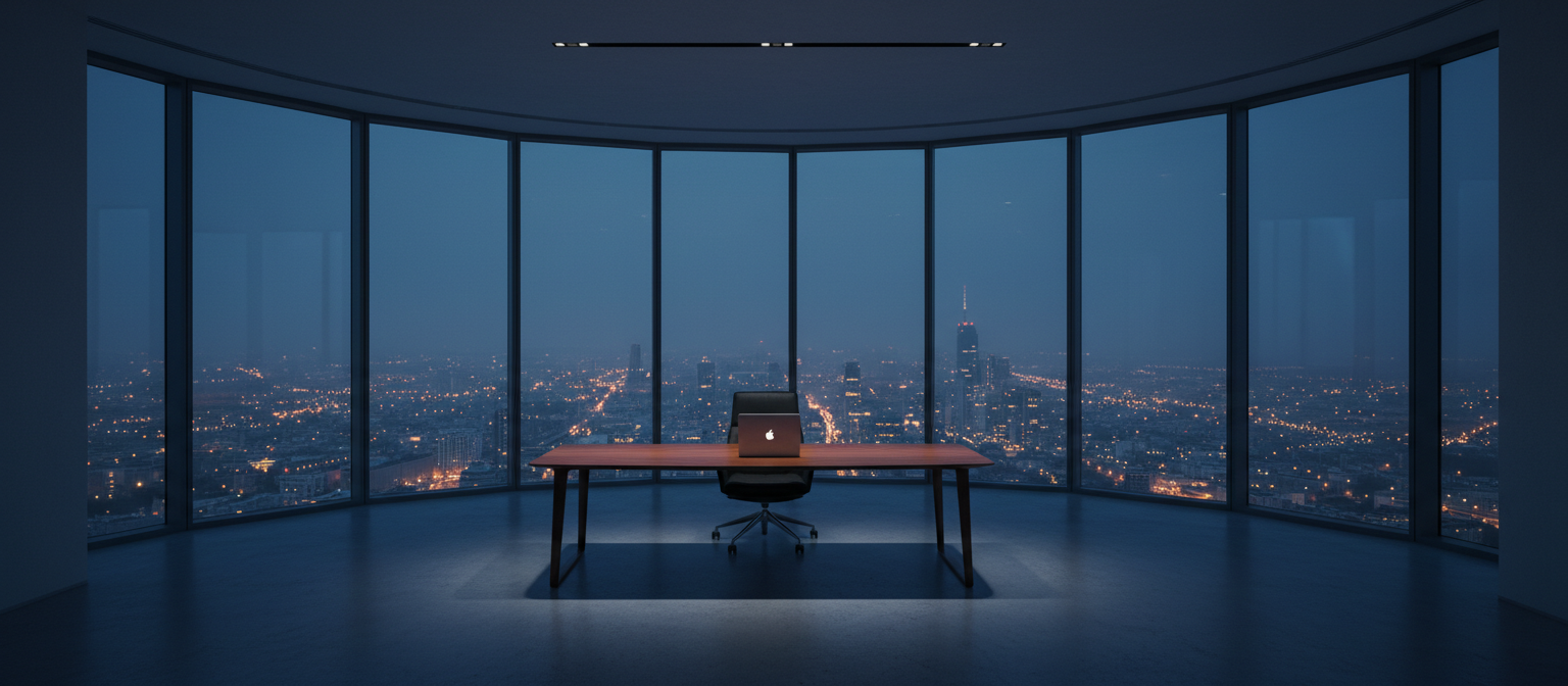 Luxury penthouse office at dusk overlooking city skyline