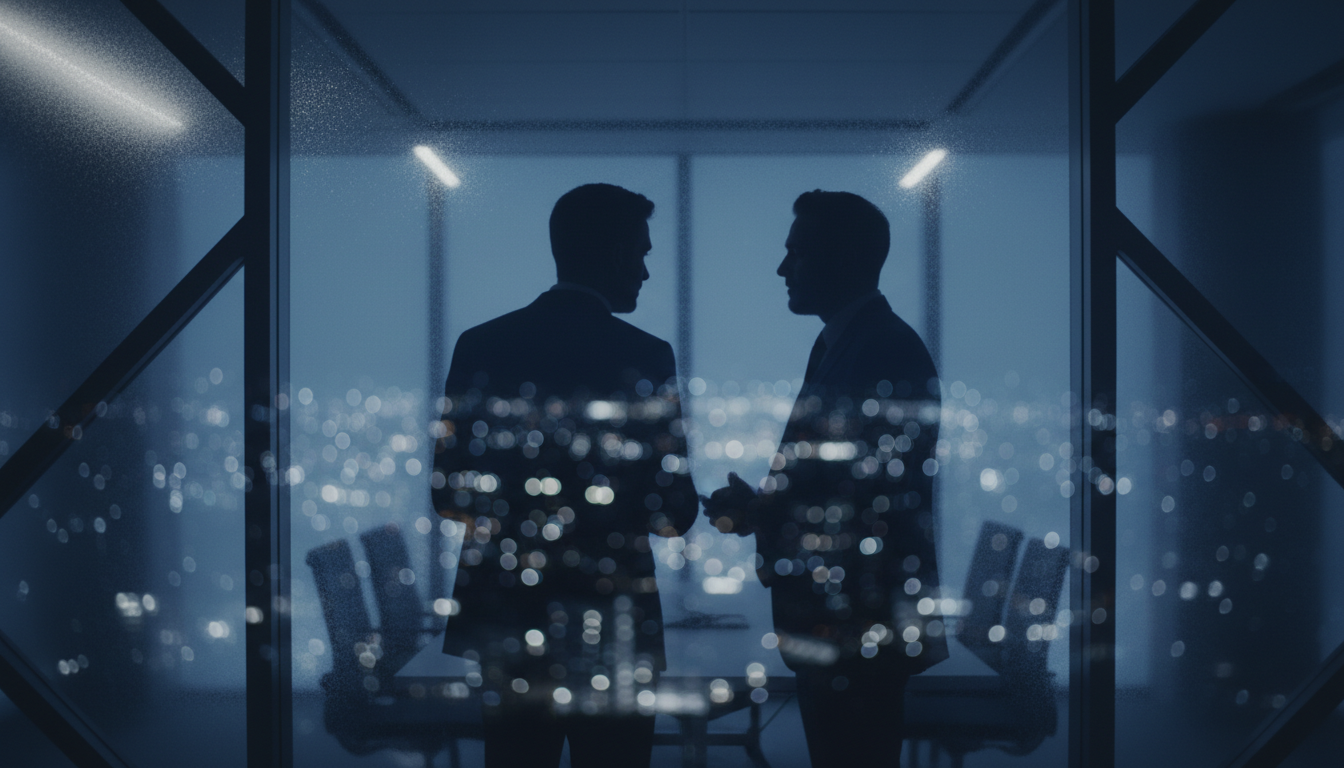 Two professionals in a private consultation through frosted glass