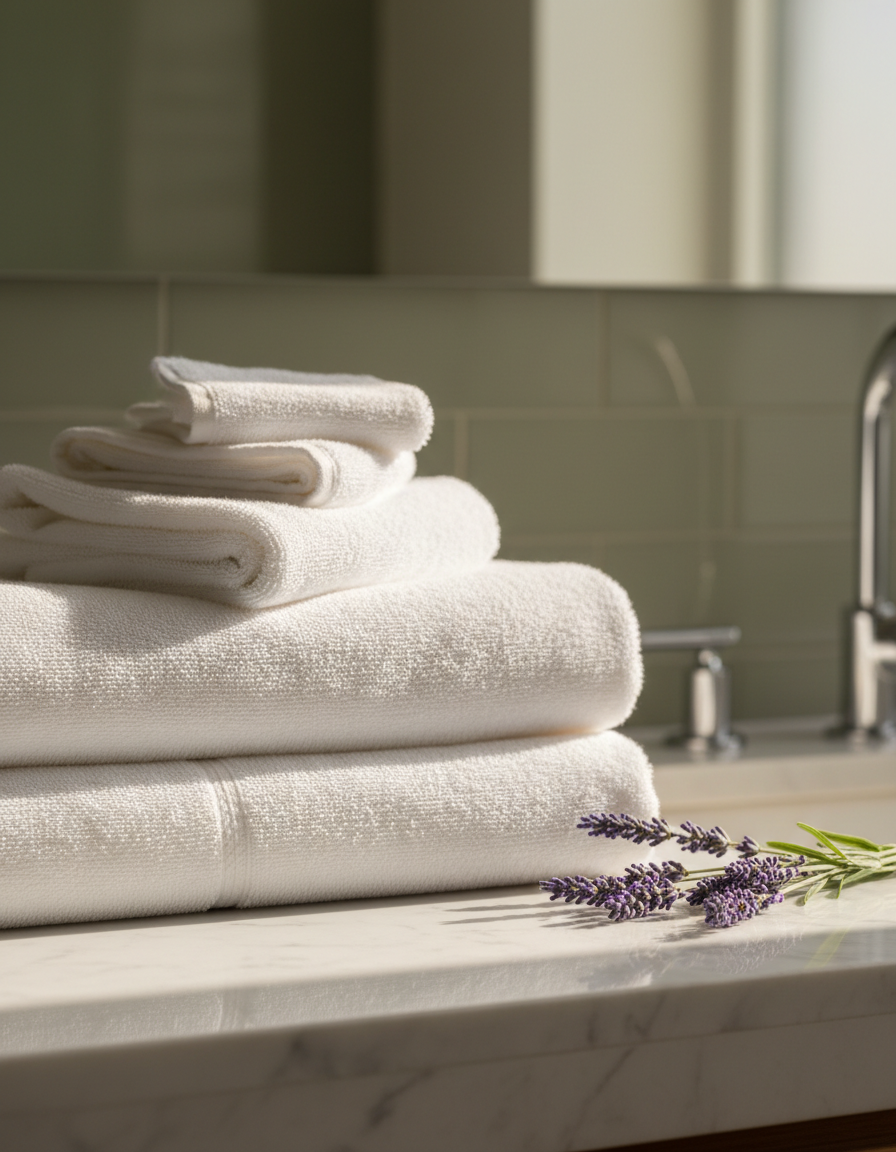 Fresh folded white towels on marble counter