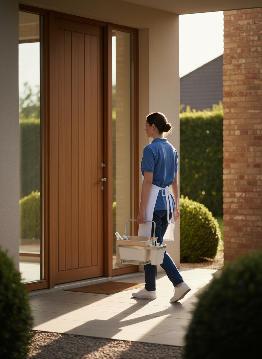 Professional cleaner arriving at a home
