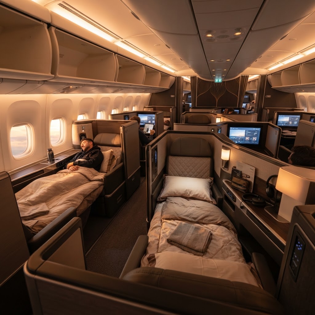 Imagem editorial sobre dicas de viagem: Upgrade de Classe Executiva: Estratégias Técnicas para Conforto