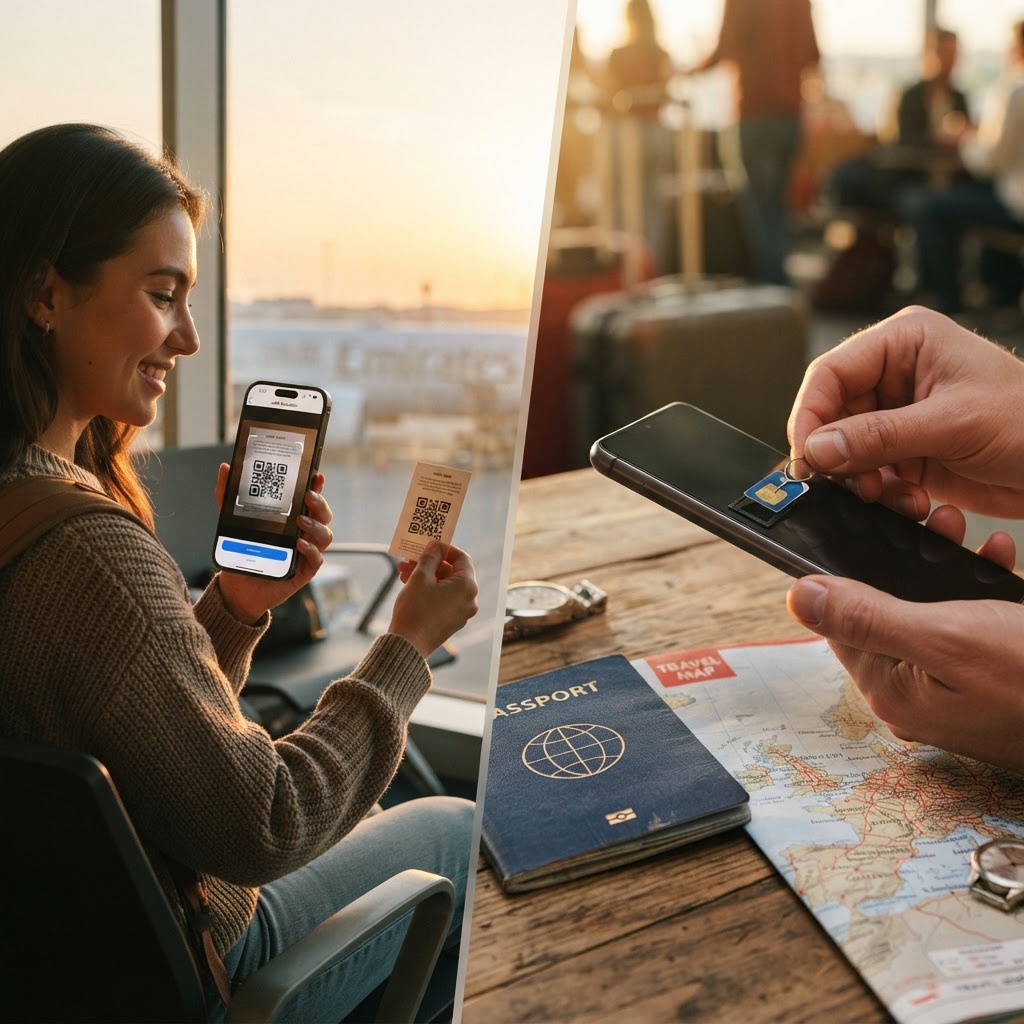 Imagem editorial sobre dicas de viagem: Chip de Celular Internacional: eSIM vs. Chip Físico, Custos e o Guia para Economizar R$ 500 em Roaming