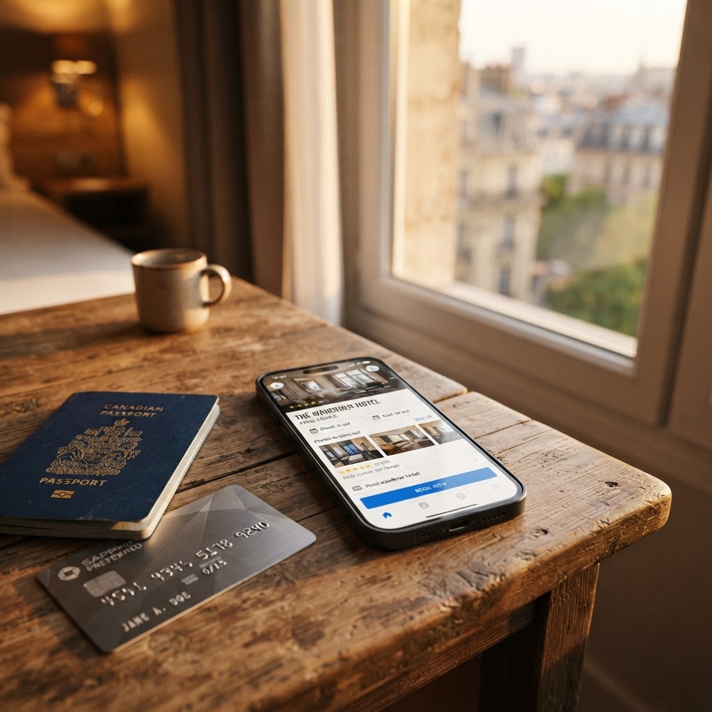 Imagem editorial sobre dicas de viagem: A armadilha que consome 15% do seu orçamento — Reserva de hotel com cancelamento grátis