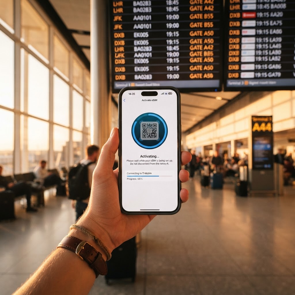 Imagem editorial sobre passagens aéreas: Como usar o serviço de eSIM em viagens internacionais e economizar na fatura do celular