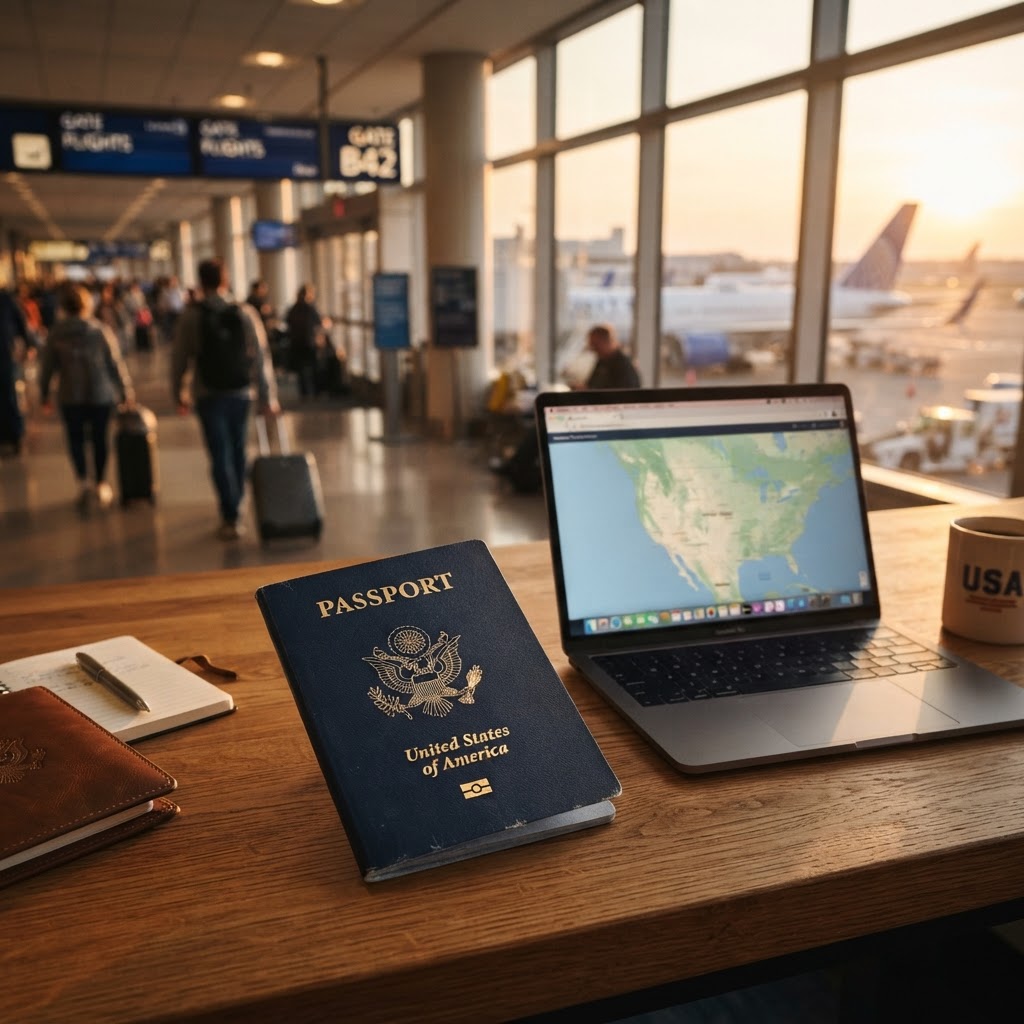 Imagem editorial sobre passagens aéreas: Custos e etapas para solicitar visto americano para brasileiros em 2026