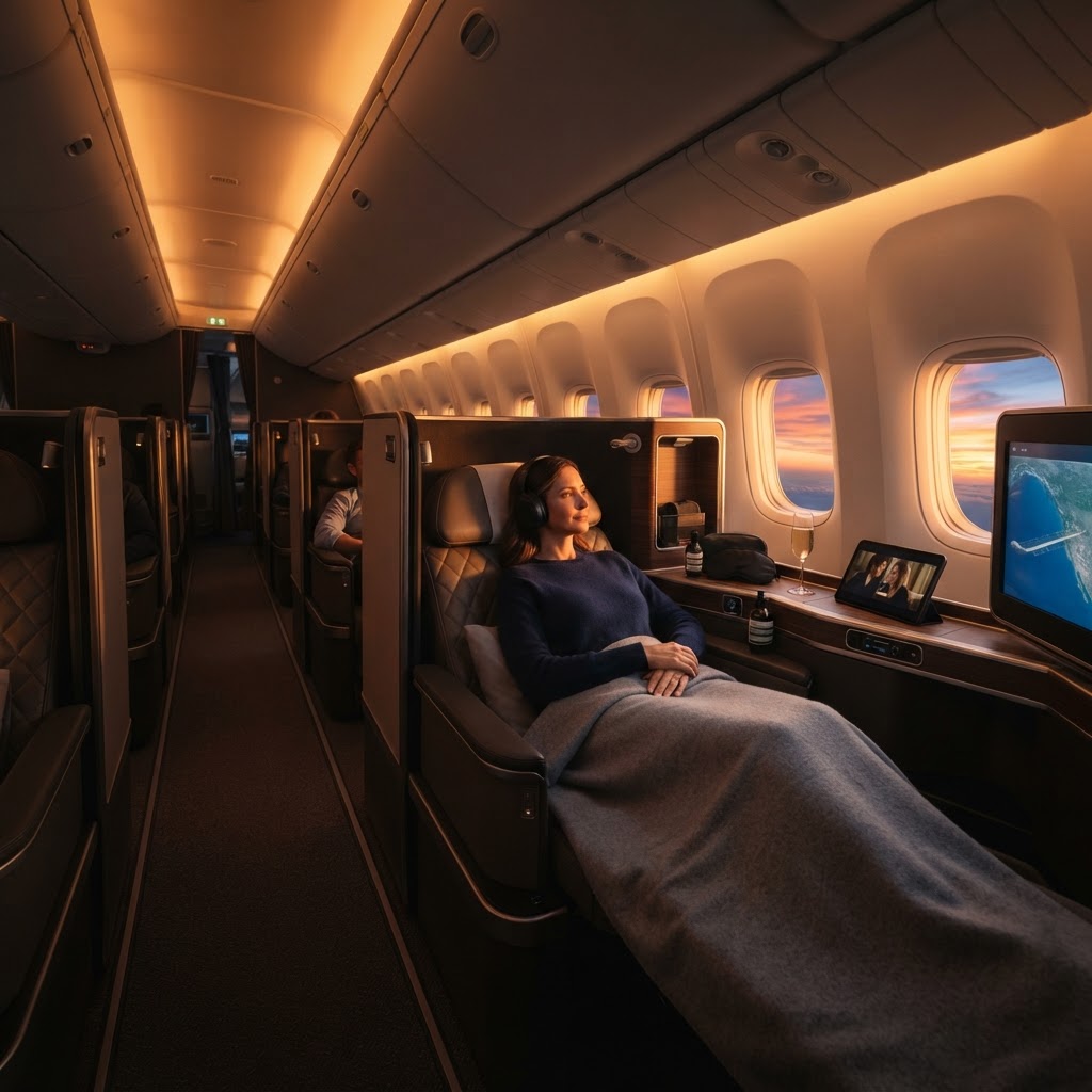 Imagem editorial sobre dicas de viagem: Upgrade de Classe Executiva em 2026: 5 Técnicas Reais para Voar de Luxo Pagando Preço de Econômica