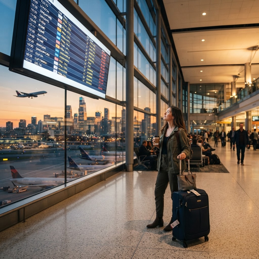 Imagem editorial sobre dicas de viagem: Transforme Escalas em Passeios Gratuitos e Evite o Tédio conexão longa em aeroporto