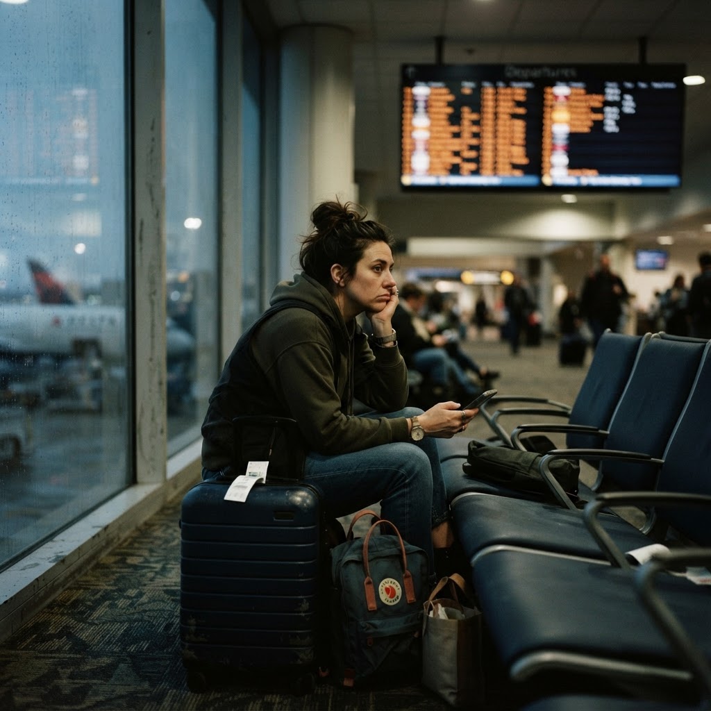 Imagem editorial sobre dicas de viagem: Voo Atrasado ou Cancelado: Todos os Seus Direitos Segundo a ANAC (e na Europa)