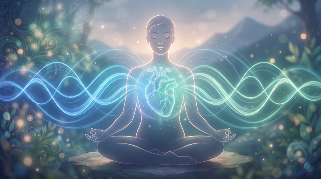 Persona meditando con corazón luminoso irradiando ondas de energía