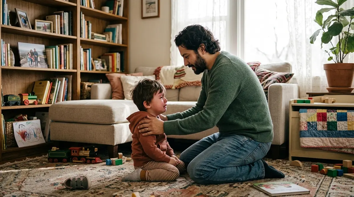 Father kneeling in front of his crying son on the living room floor, holding his shoulders