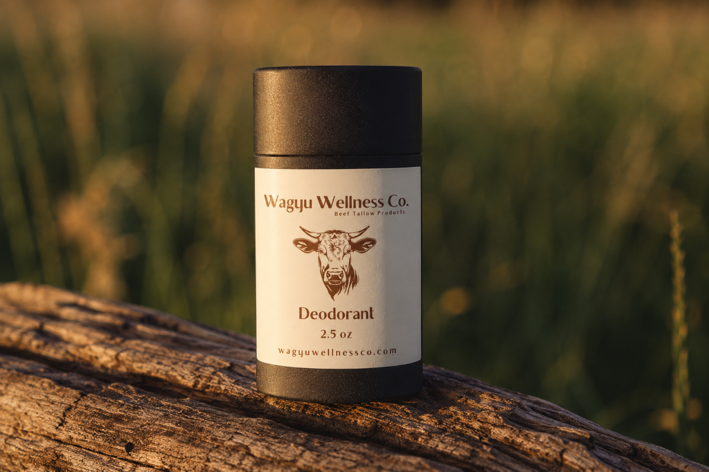 Stick of natural Wagyu beef tallow deodorant from Wagyu Wellness Co.