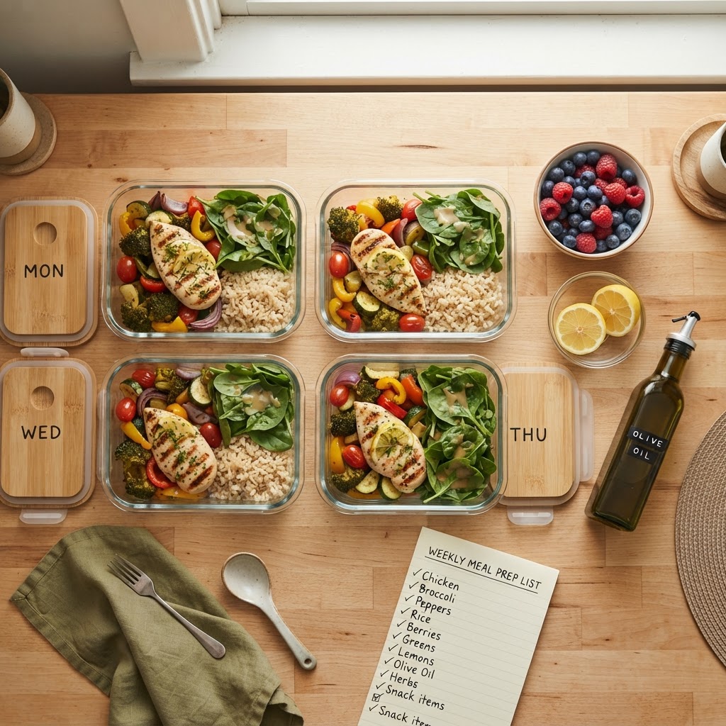 Weekly family meal prep containers with grilled chicken, vegetables and rice on a kitchen counter