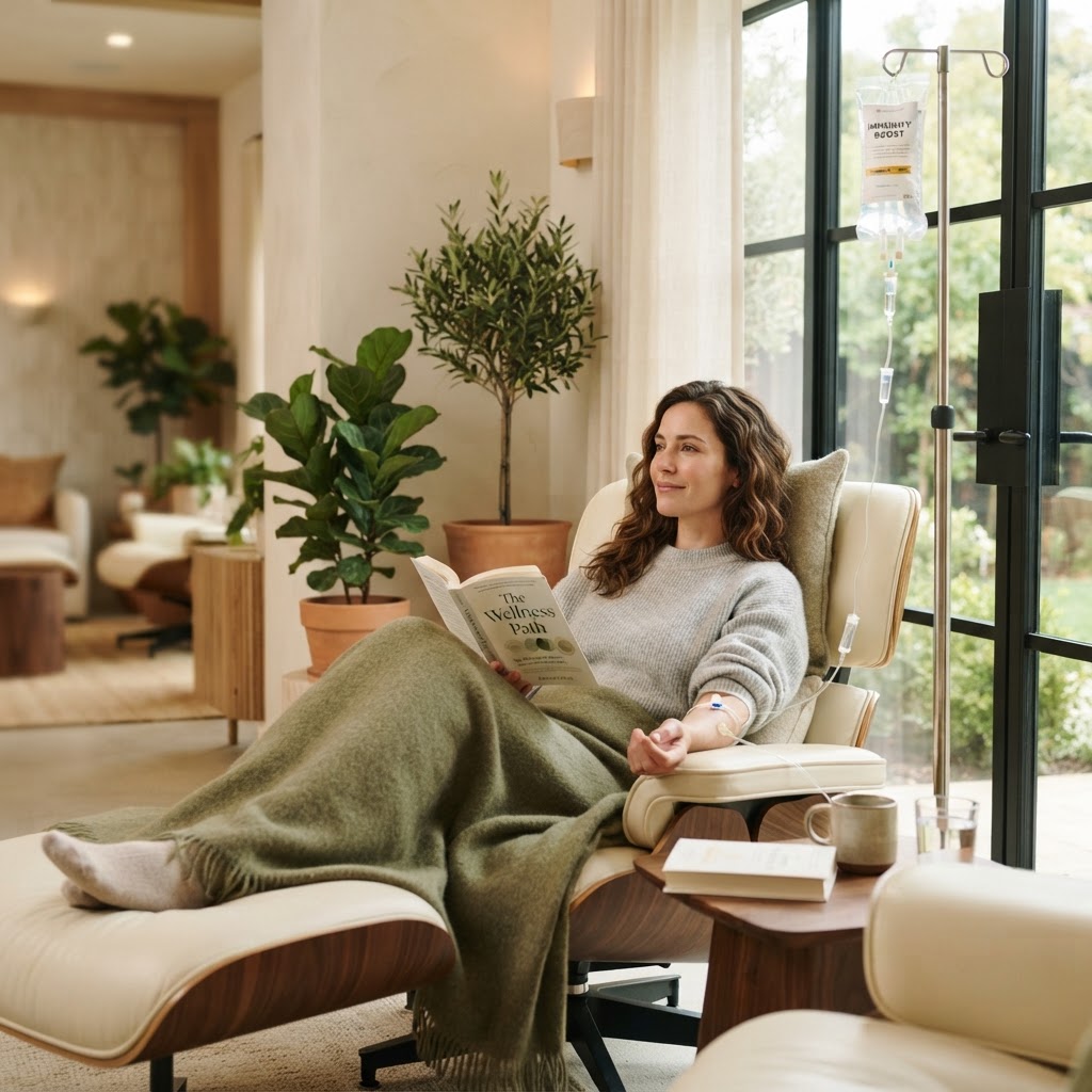 Patient relaxing in a recliner during an IV drip at the Premier IV Lounge in Sherwood, Arkansas